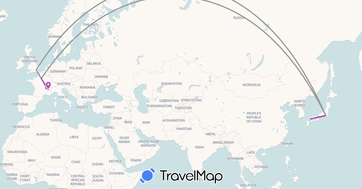 TravelMap itinerary: plane, train in France, United Kingdom, Japan (Asia, Europe)